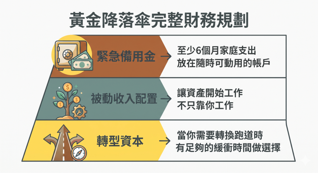黃金降落傘財務規劃三層架構：緊急備用金、被動收入、轉型資本
